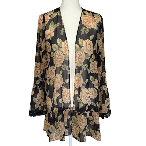 Wrangler Sheer Floral Kimono Duster Women's M | Black | Boho Hippie Western  EUC - Picture 1 of 11